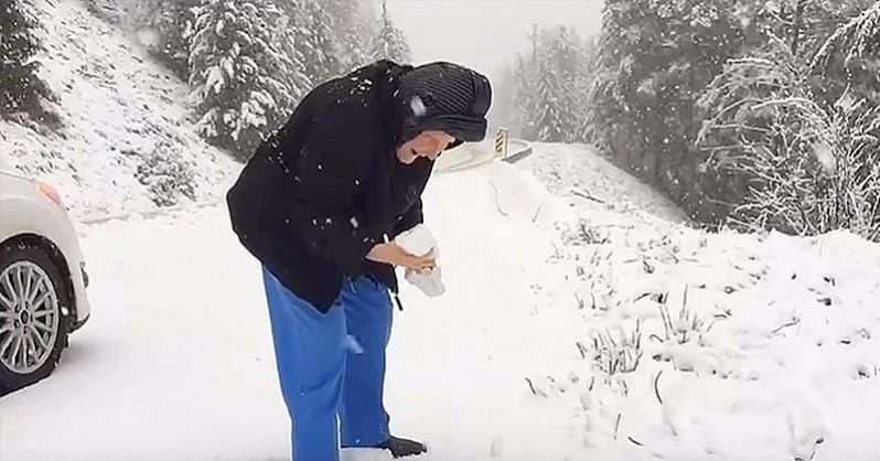 Nëna 101-vjeçare i kërkon të birit ta ndalojë veturën, që ajo të luante me borë (VIDEO)