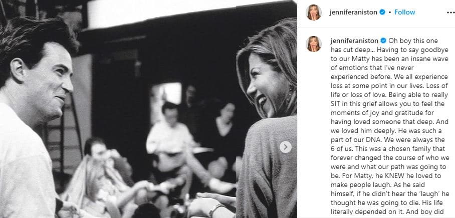 Jennifer Aniston ndan një mesazh prekës për Matthew Perry