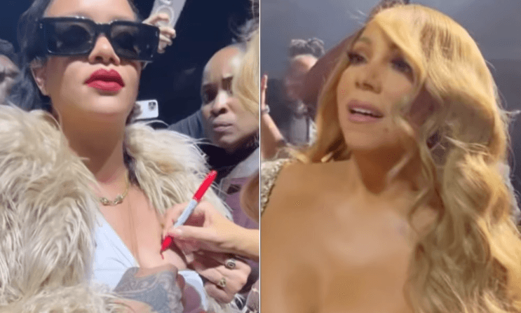 Mariah Carey nënshkruhet në gjoksin e Rihannës