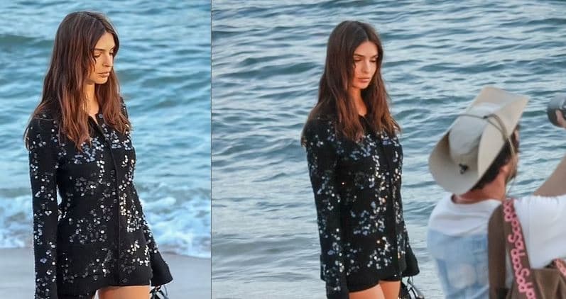 E zbukuruar me xixa, Emily Ratajkowski pozon në plazh për Guccin