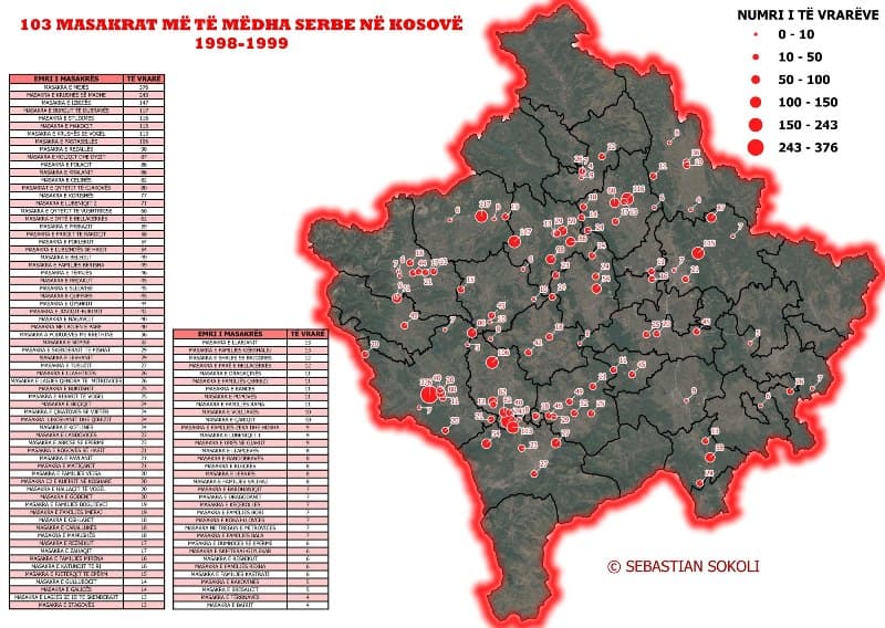 Kjo është harta e Kosovës ku shënjohen 103 masakrat e viteve 1998-1999